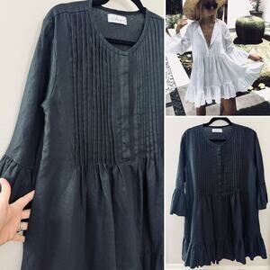 LJC 100% Linen‎ Lagenlook Resortwear Minimalist Pleat Ruffle Black Shirt Dress M